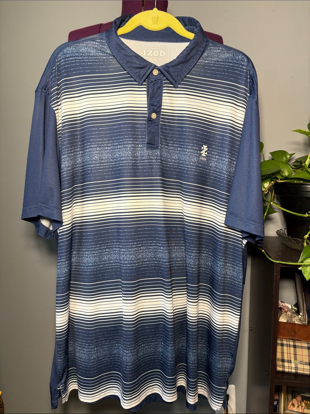 Izod Navy and White Striped Performance Golf Polo